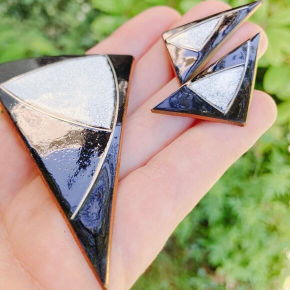 VTG MCM Enamel Copper Brooch & Earrings Set Modernist Geometric Black White - Picture 4 of 11